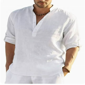 Nouvelle chemise décontractée pour homme 2026 en coton et lin à manches courtes, coupe ample, couleur unie, style vintage, respirante pour le printemps - Product Image 4