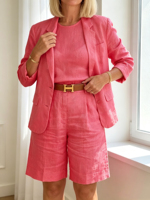 Ensemble décontracté deux pièces pour femme en mélange de lin confortable : Blazer à revers crantés et short bermuda taille haute coupe ample pour le bureau