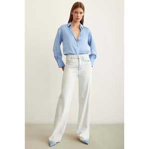 Chemise en satin basique pour femme, bleu clair, classique, boutonnée, chemisier de bureau, style simple - Product Image 5