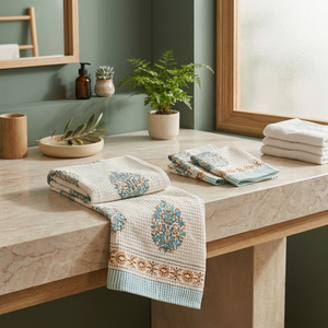 Juego de Toallas de Algodón Waffle de Alta Calidad, 2 Toallas de Mano y 1 Toalla de Baño, con Bordado de Hojas, Absorbentes, Decoración Personalizada para el Hogar - Product Image 3