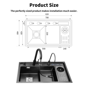 Yite Cao Cấp 304 Thép Không Gỉ Bát Đôi Áp Lực Cao Thác LED Kỹ Thuật Số Chống Xước Nano Hoàn Chỉnh Bồn Rửa Nhà Bếp - Product Image 2