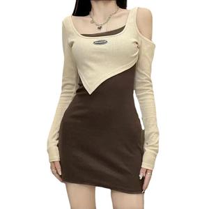 Women's Knitted Bodysuit Color Blocking Splicing Stretch Slim Fit Short Dress Irregular Faux Two Piece Style - Product Image 3