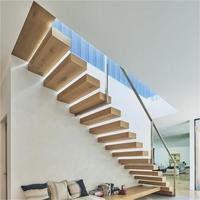 Escalier flottant préfabriqué d'intérieur en marbre/bois massif avec poutre invisible en acier inoxydable, fer et verre