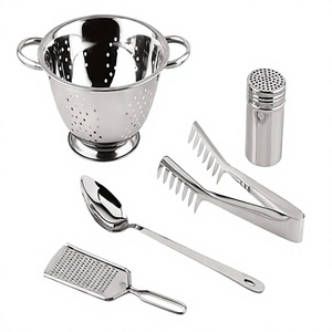 Ensemble d'ustensiles de cuisine et de service multifonctionnels écologiques en acier inoxydable avec passoire, outils de préparation des aliments, design compatible lave-vaisselle - Product Image 1