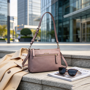 Dusty Pink Crossbody <b>Bag</b> Adjustable Shoulder Strap Front Zipper Pocket Gold Metal Logo Daily <b>Womens</b> Handbag - Product Image 6