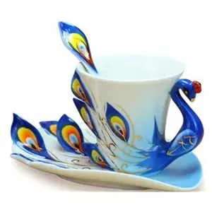 Tazas de té y platillo de porcelana fina, taza de café con tema de pavo real, regalo creativo romántico para boda/Navidad