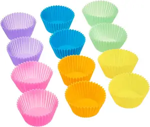 Reusable Silicone Round Baking Cups, Muffin Liners, Pack of 12, Multicolor, Non-stick Easy Release Harmless to Health