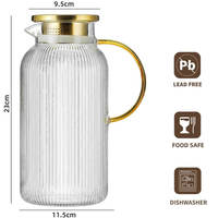 Carafe en verre borosilicate à nervures avec accent doré, couvercle en acier inoxydable 304, pour café froid, limonade, thé glacé, sans plomb, sans danger pour les aliments