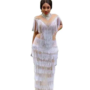 J&H fashion Plus Size Blusa Feminina Turtle Neck Sleeveless Tassel Full Length Gown Prom dresses Sequin See-through Outfit
