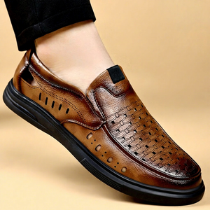 Men Solid Genuine Leather <b>Slip</b> on <b>Slides</b> Closed Toe Breathable Rubber Outsole Summer Casual Shoes - Product Image 1