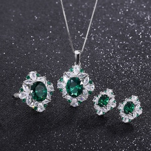 Manufacturer Supplier Eco-friendly Copper Oval Cut 10*12/6*8mm Emerald Green Cubic Zirconia Women's Bridal Jewelry <b>Sets</b> 3 <b>Sets</b> - Product Image 1