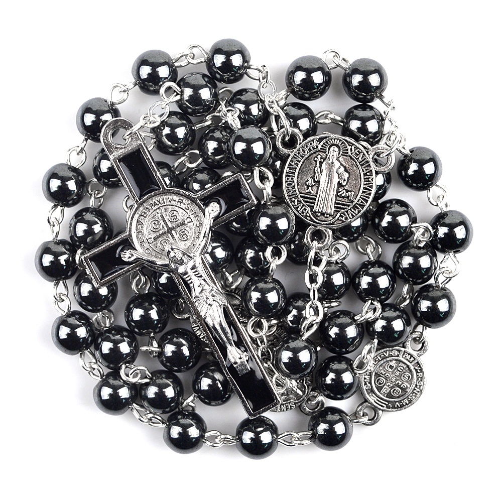 Hematite Rosary Natural Stone Beads St Benedict Medals Rosary Black Men Stainless steel Catholic Rosaries