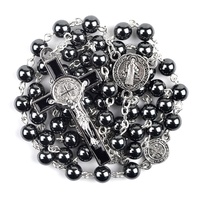 Cuentas de piedra Natural de hematita para rosarios, Color sin decoloración, medallas de San Benito de plata, acero inoxidable, negro, para hombres