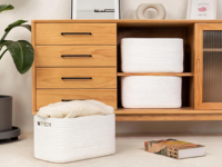 Panier de rangement en corde de coton tissée élégante MiniArk avec poignées, lot de 3, blanc, 37x25x22 pouces, pour vêtements, couvertures et serviettes