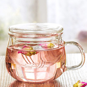 Tazza da tè fatta a mano in vetro addensato da 350ml con filtro infusore a prova di calore <span class=keywords><strong>3</strong></span> pezzi di tazze da tè e piattini trasparenti con impugnatura comoda - Product Image 4