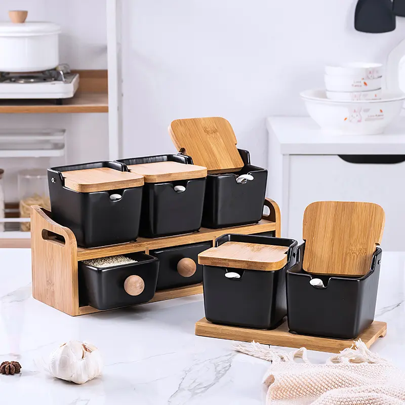 Caja de condimentos de cerámica con tapa, cubierta de madera de bambú, productos creativos de cocina, bote de condimentos hatchback