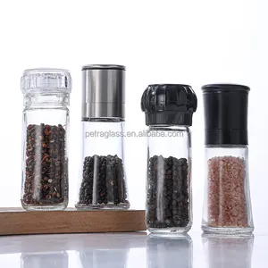 Vente en gros de 100ml mini pot en verre transparent vide moulin à épices manuel pour poivre noir et sel moulin à poivre noir bouteille