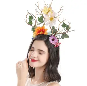 Euro-American forest party headband with exaggerated flower hair accessorized with antler headband
