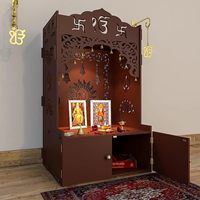 Pooja Mandir hindou en bois poli pour la décoration d'armoire murale à lumières LED à la maison avec portes et bureau Ganesh