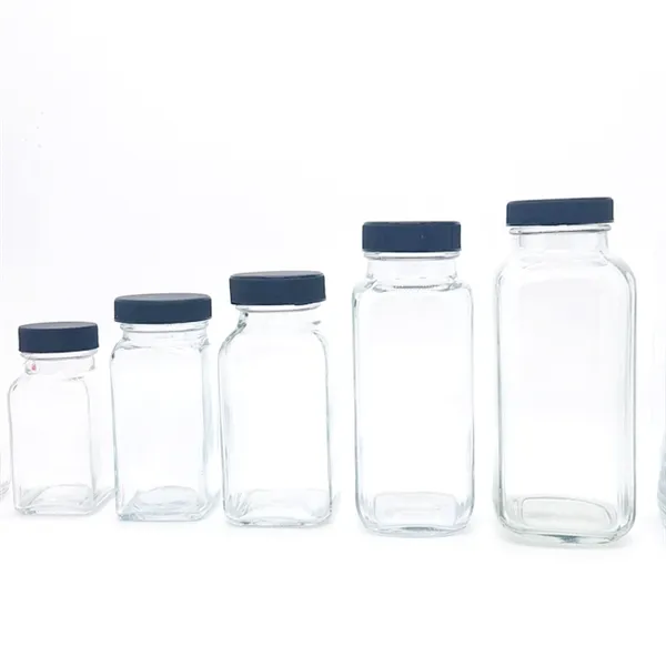 1 2 3 4 5 6 8 10 11 15 16 ozフレンチスクエアガラス飲料水コールドプレスジュースボトル (プラスチックキャップ付き) 50100150200250 ml