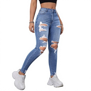 Jean déchiré décontracté en denim bleu grande taille de qualité supérieure, coupe skinny longue et ajustée, extensible avec fermeture éclair, pour femme, exporté du Bangladesh - Product Image 2