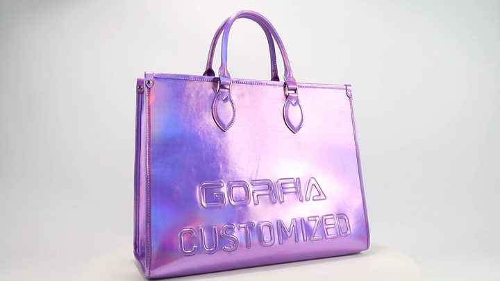 Fashion Embossed Logo Leather ,Violet Patent Leather Tote Handbags Shoulder  Bags for Women Ladies Shopping Bag/