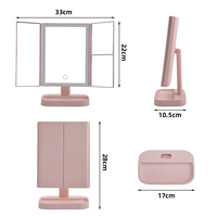 Miroir de maquillage LED personnalisable, pliable en trois parties, intelligent, rose, avec organisateur de rangement en plastique, 3 modes d'éclairage, prend en charge OEM ODM