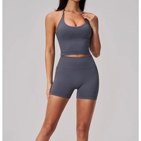 Ensemble de shorts de yoga sans couture en Spandex/Nylon, col halter, anti-plis, rehausseur de fessiers, moulant, pour course en extérieur et fitness, deux pièces