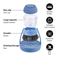 Brosse à vaisselle hygiénique en PP et TPR bleu-gris pour évier de restaurant avec support de rangement et distributeur de savon intégré