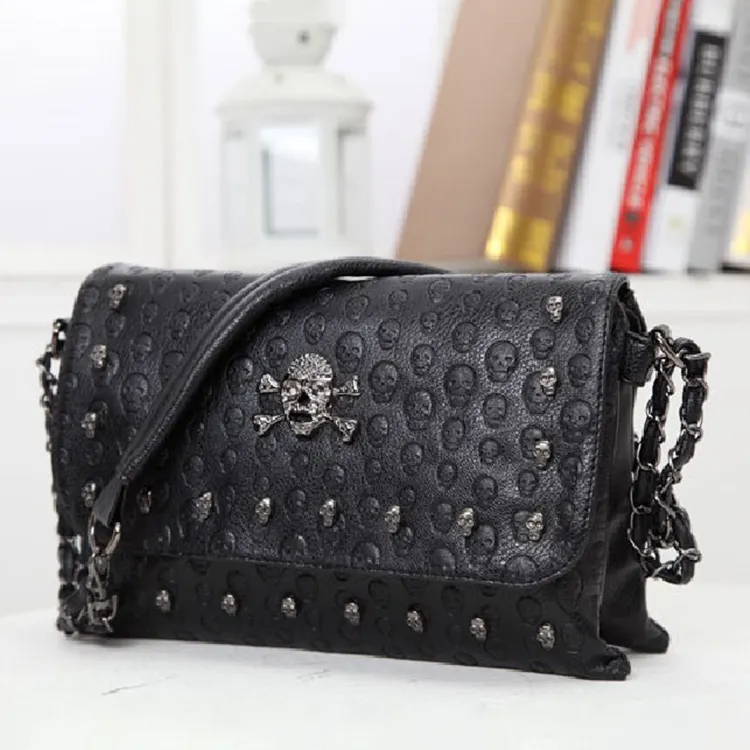 Vintage Punk Black Leather Skull Rivet Purse Pu Braided Iron Chain Handbag Women Crossbody Bag