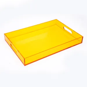 Neon Color Clear Acrylic Serving Tray Plexiglass Makeups Organizer Neon Pink Acrylic Tray With Handle