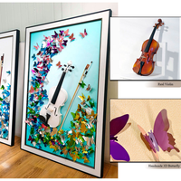 Violon suspendu peinture Collage dimensionnel à la main 3D papillon œuvre encadrée graphique musique mur Art prêt à accrocher pour hôtel