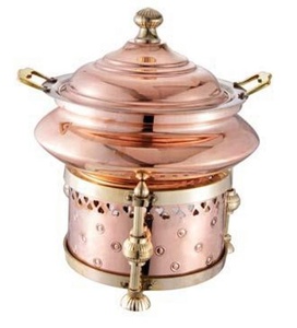 Recipiente para calentar comida de cobre con tapa y quemador de alcohol para exhibiciones tipo buffet, diseño circular, control manual de temperatura - Product Image 1
