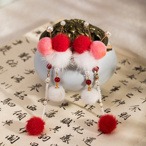 Liquidación de accesorios para el cabello Hanfu para niños, pinzas para el cabello con borlas y pompones, pinzas para el cabello de estilo antiguo etéreo, esponjosas - Product Image 4