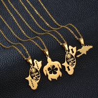 Collier en acier inoxydable avec pendentif île tropicale, plaqué or 18 carats PVD, avec cartes de Guam, Hispaniola, Haïti, République Dominicaine, Porto Rico, Guadeloupe, tortue et hibiscus