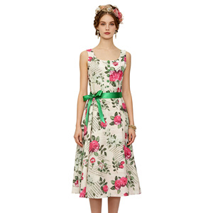Vestido Estilo Hepburn con Cuello Cuadrado, Cintura Natural, Estampado Floral, Sin Mangas, Falda en Línea A, Largo Medio, Chifón, para Vacaciones - Product Image 5