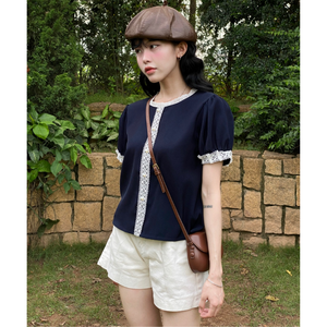 เสื้อเบลาส์ผ้าชีฟองคอปกคอจีนแต่งพู่สีทึบฤดูร้อน - Product Image 3