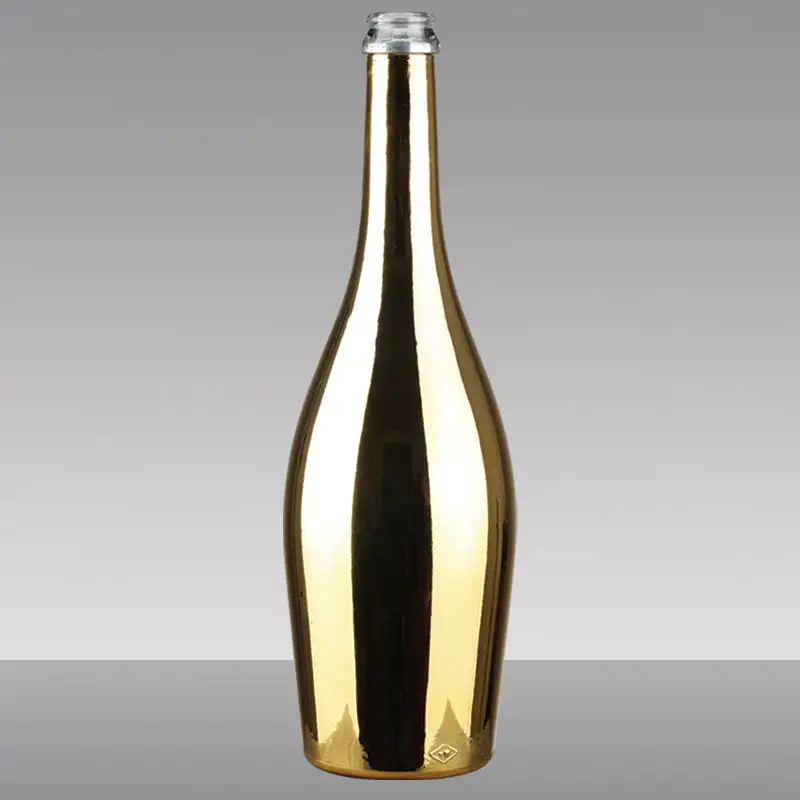 750ml सोने के रंग शैम्पेन कांच की बोतल काग निर्यात के साथ विद्युत कांच की बोतल निर्माता