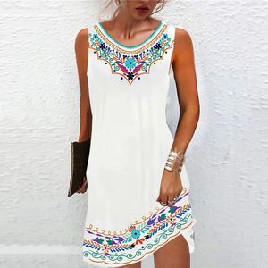Precio bajo Venta Mujer Nueva ropa Casual Vestido corto Cómodo sin mangas Cuello redondo Vestido floral Jumper Falda - Product Image 1