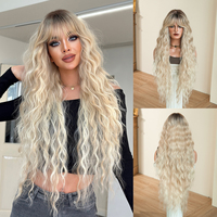 Perruques synthétiques longues bouclées de 38 pouces, ombrées, racines foncées à blond platine, avec frange, en fibre résistante à la chaleur, aspect naturel mat