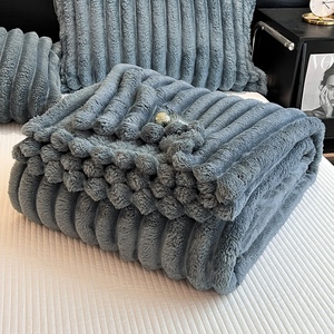 Plaid réversible 100 % polyester en velours, fausse fourrure Angora, rayé, en <span class=keywords><strong>flanelle</strong></span> polaire, motif uni, tricoté, chaud pour l'hiver - Product Image 3