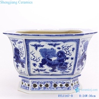 RYLU167--B-D Pot de fleurs en céramique peint à la main avec motif de dragon bleu et blanc chinois, pot de jardin