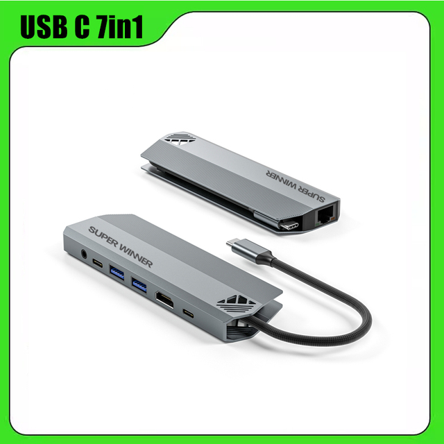 Gaming Fox USB C Hub Multiport Adapter 7-in-1 Laptop Hub Docking Station with HDMI 4K 60Hz,Gigabit Ethernet,100W PD,3.5mm Audio