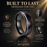 Bague de mode en carbure de tungstène noir avec incrustation bois, fil de pêche et bois de cerf pour hommes et femmes, bague de fiançailles et de mariage