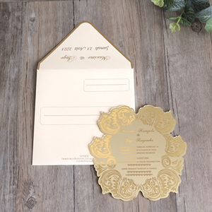 Nouvelles cartes <span class=keywords><strong>d</strong></span>'invitation en acrylique doré en forme de fleur avec motif floral gravé, carte de menu, carte <span class=keywords><strong>d</strong></span>'anniversaire avec enveloppe blanche - Product Image 3