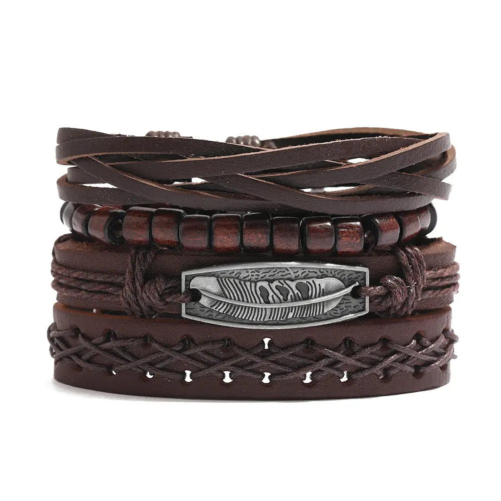 Wholesale Vintage Braided Men's Multilayer Wrap Leather Bracelet Set Feather Bracelet Accessories