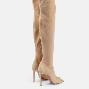 Western Summer Women Thigh High Side Zipper Boots Suede Over the Knee Square Open Toe High Heels Stiletto <b>Shoes</b> - Product Image 5