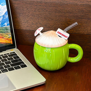 Taza con forma de coco de cerámica ecológica con pajita y cuchara, taza de desayuno de alto valor para parejas, regalo perfecto para la vuelta a la escuela - Product Image 4