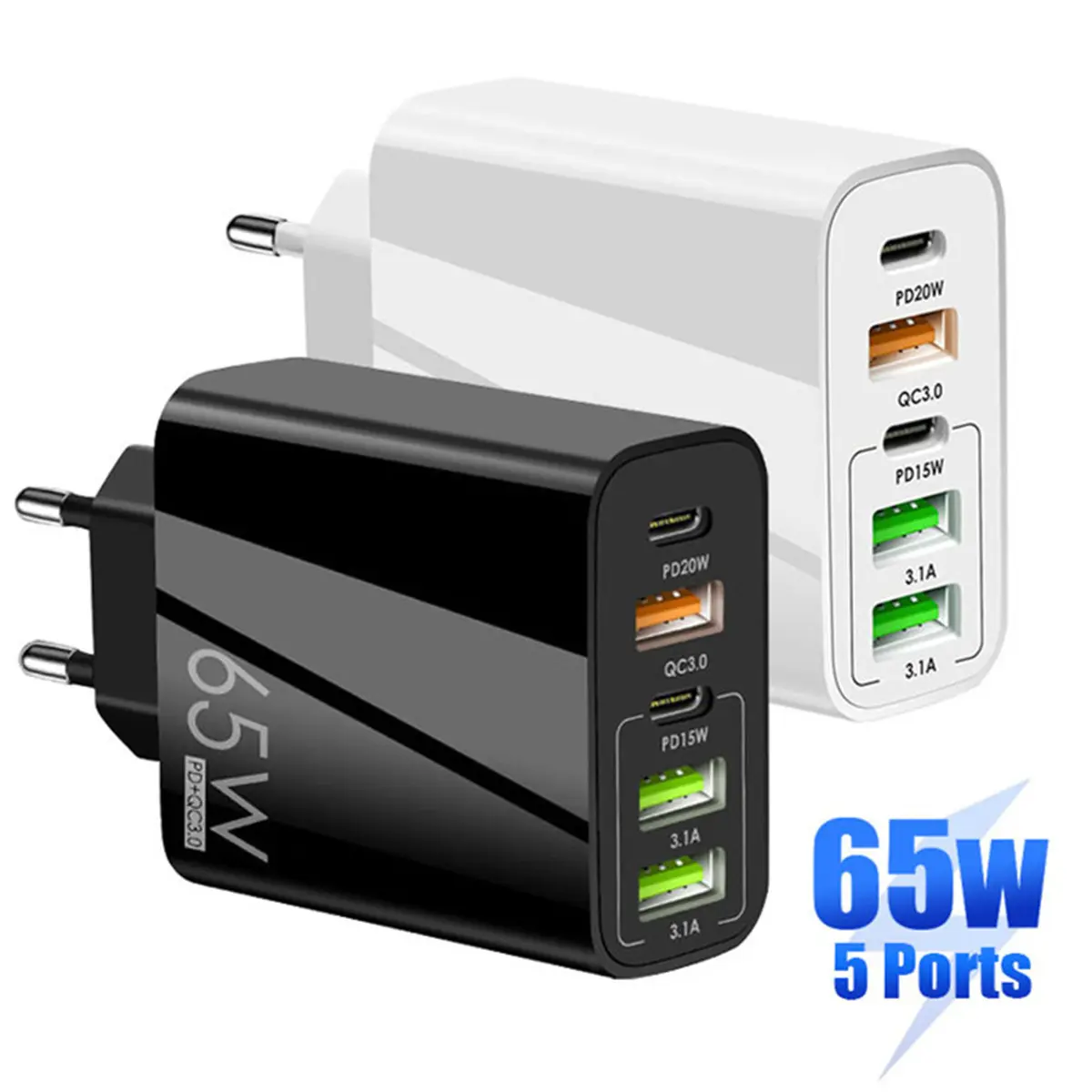 65W USB C Charger PD Fast Charger 2 Type-C 3 USB Power Adapter Wall QC Fast Charger for Smart Phone and Tablet