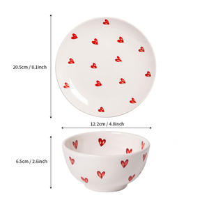 Ensemble de bols et assiettes en céramique en forme de cœur, 20,5 cm, vaisselle ronde pour la cuisine, décoration de la maison, cadeau printemps 2024 - Product Image 1